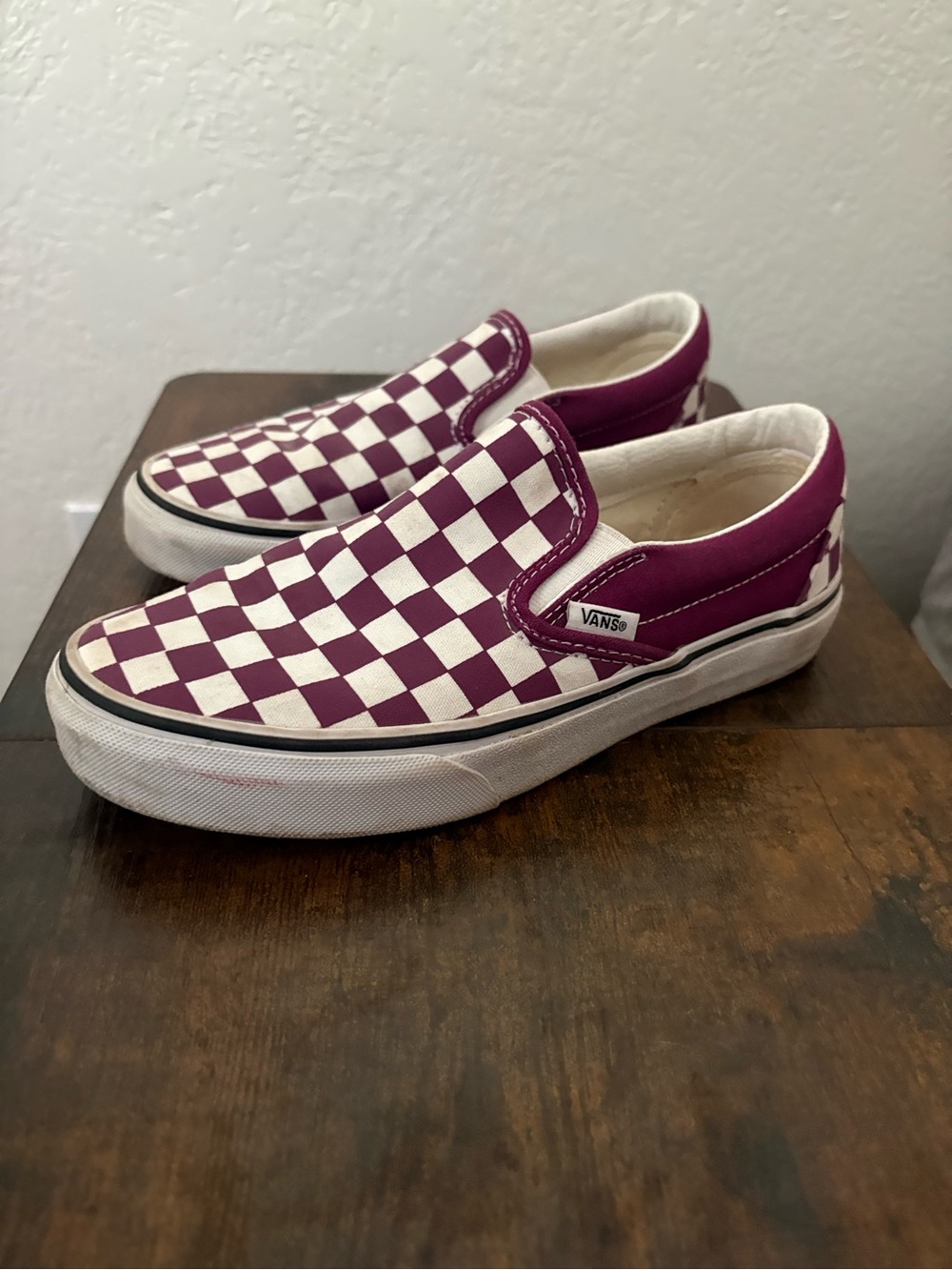 Vans Checkerboard Slip-On Sneakers in Burgandy and White